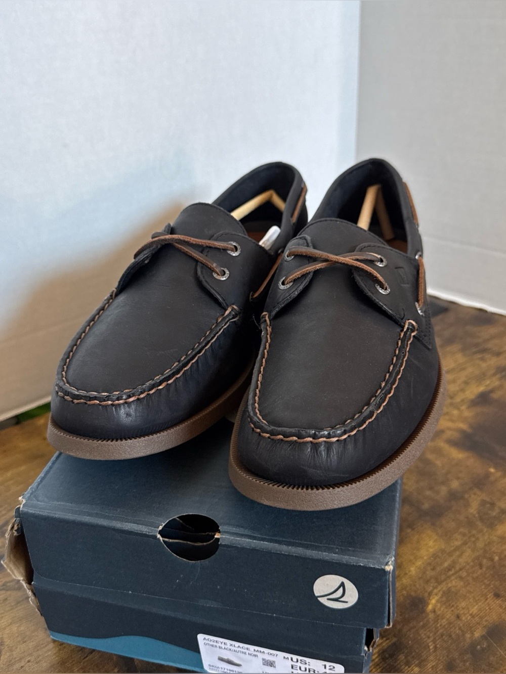 Sperry Top-Sider Authentic Original 2 Eye Boat Shoe Black Cross Lace 12 Men